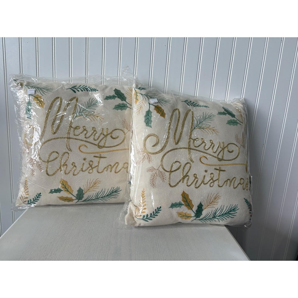 Set of 2 Merry Christmas Embroidered Decorative Pillows Gold Cream Holiday Decor